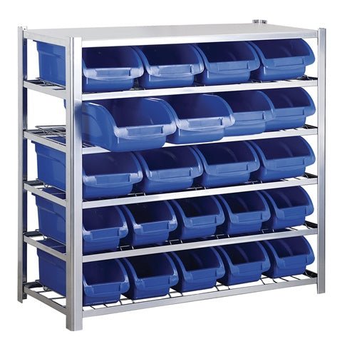 RackZone Bin Rack with 22 blue bins, 1130h x 1015w x 390d static unit.