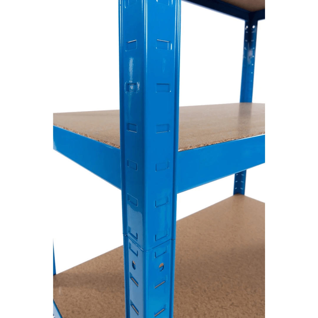 RackZone Business Starter Kit: Blue metal bench with sturdy brown surface.