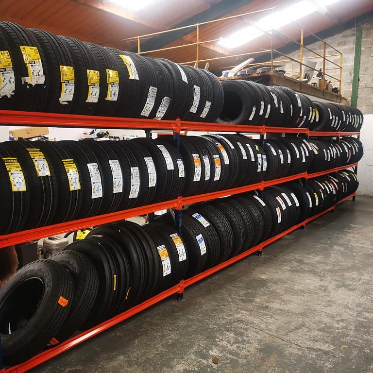 RackZone Tyre Racking 400mm Depth - Extender holds rows of labeled car tires.