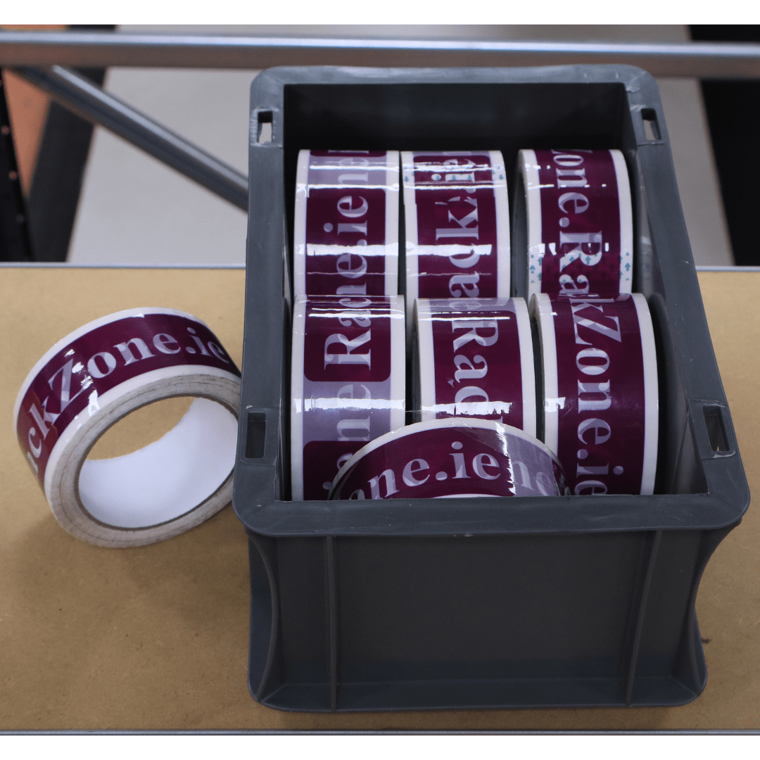 A RackZone Euro Container 200x150x120 Grey holds purple packing tape rolls.