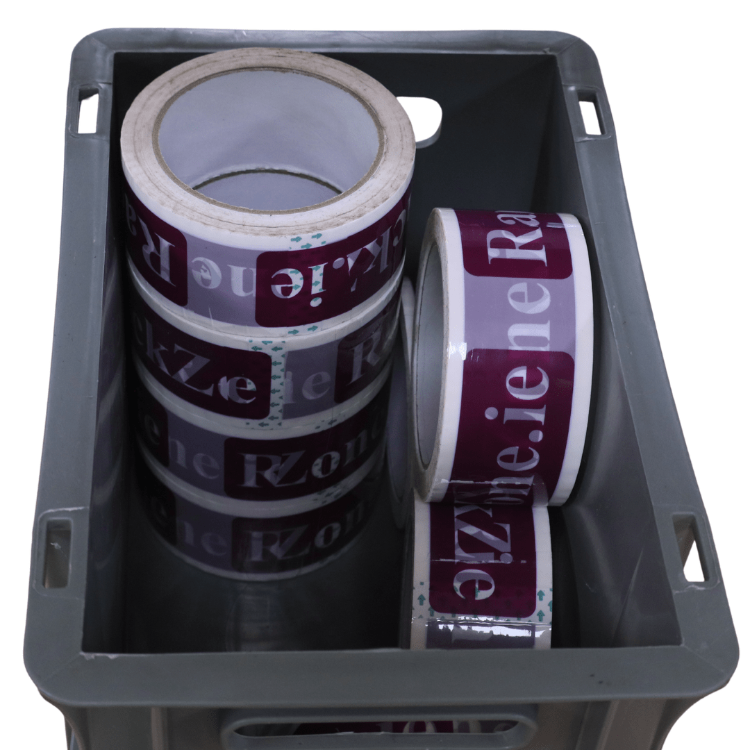 RackZone Euro Container 300x200x200mm Grey holding rolls of maroon tape.
