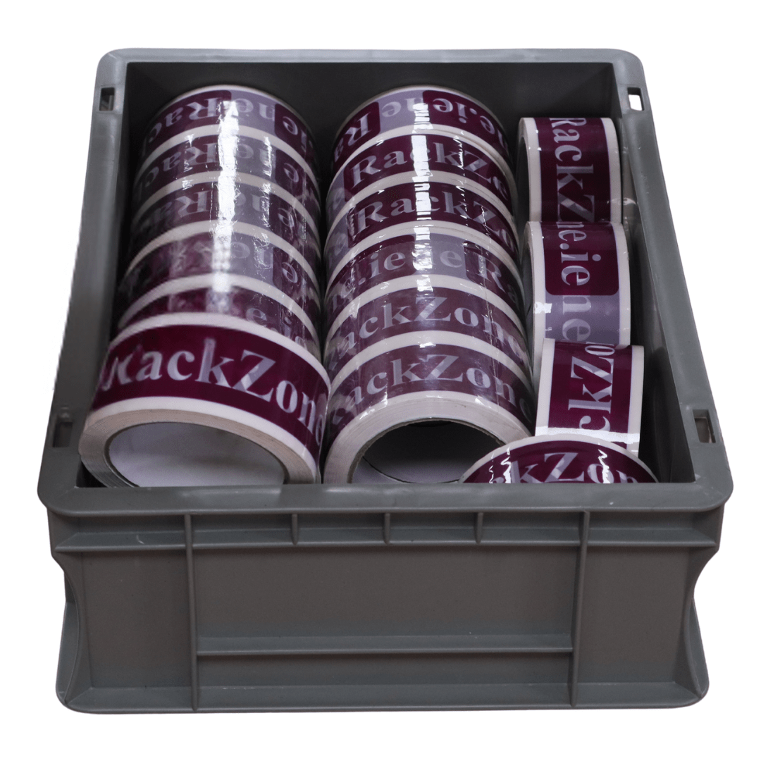 A Euro Container 400x300x120mm holds maroon RackZone tape rolls.
