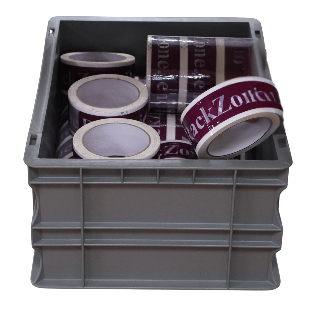 RackZone Euro Container 400x300x175mm holds rolls of printed packing tape.