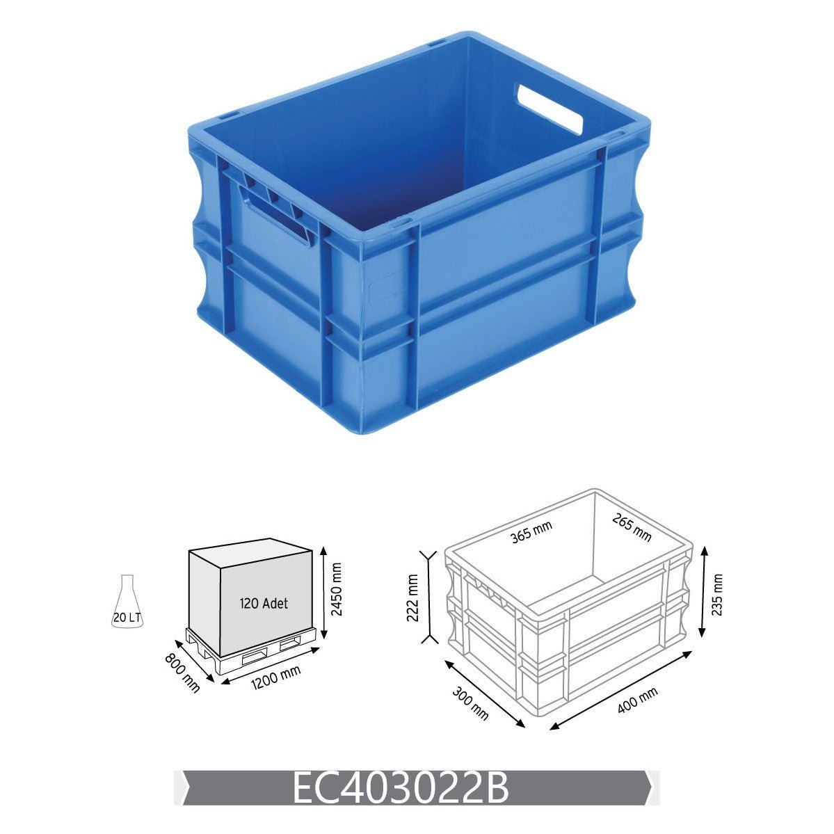 RackZone Euro Container 400x300x220mm Grey with technical dimensions.