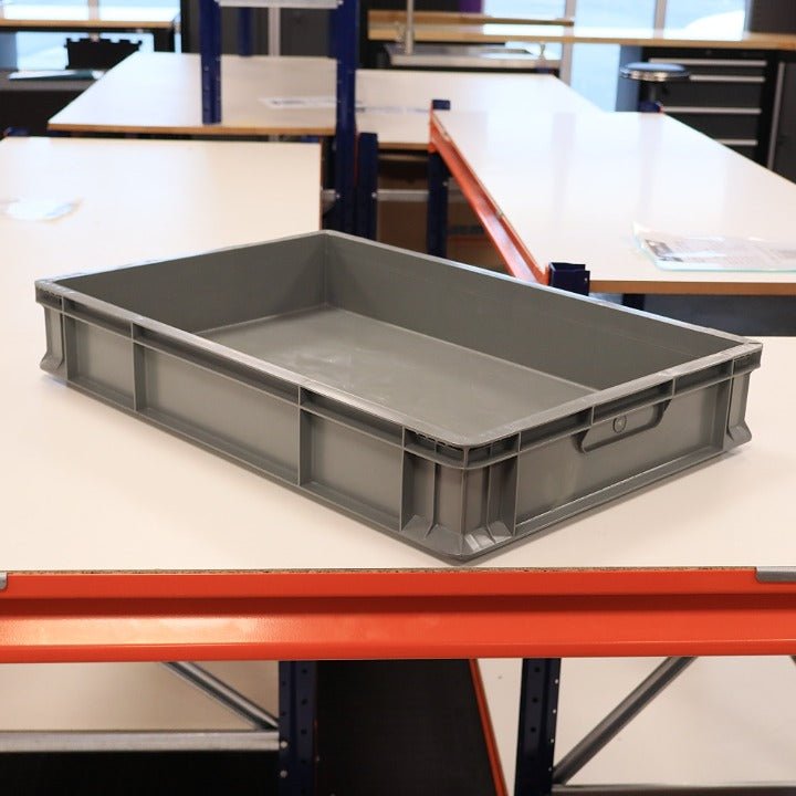 A RackZone grey Euro Container 600x400x100mm sits on a white table.