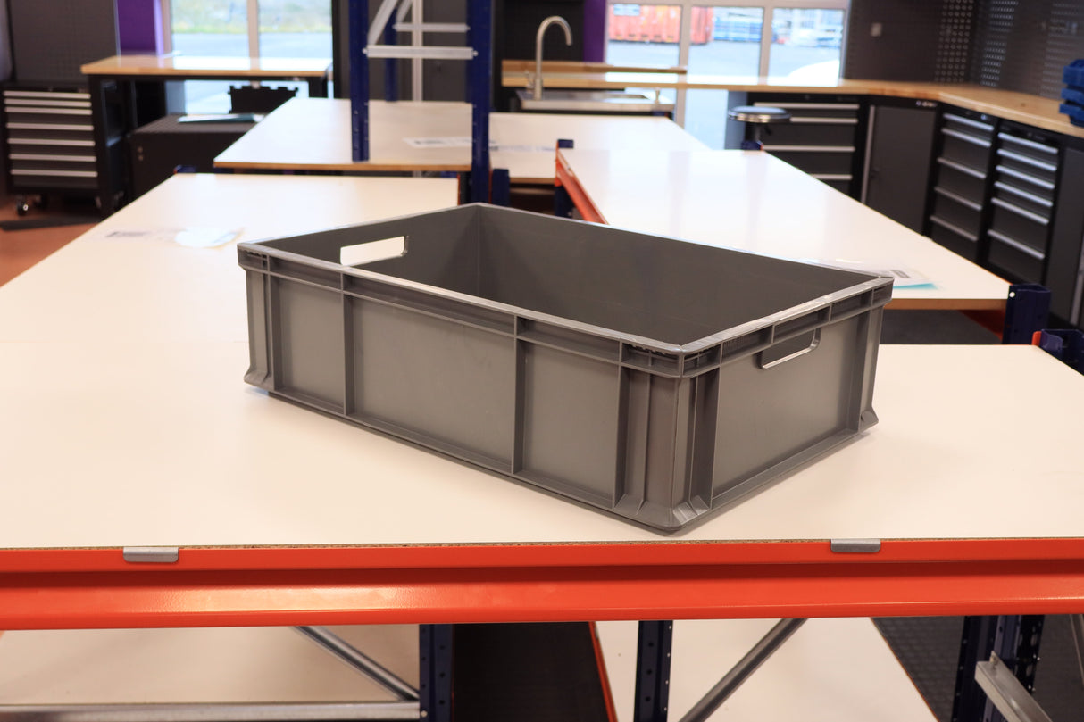 A RackZone 600x400x175mm grey Euro Container sits on a white table.