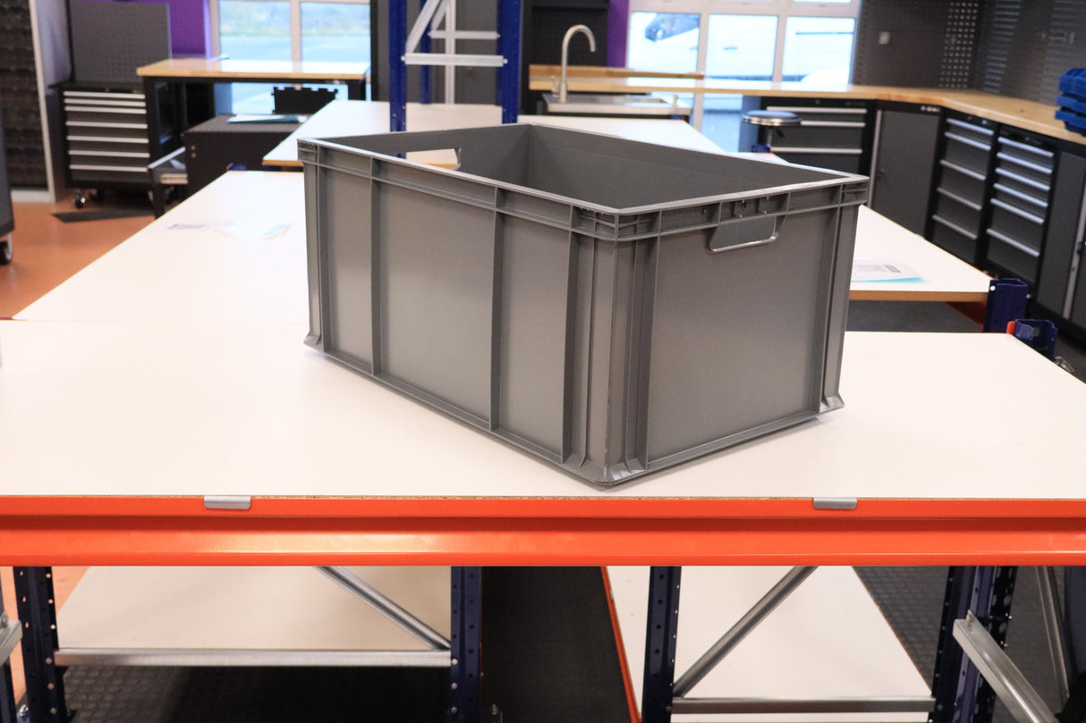 A RackZone Euro Container 600x400x280mm sits on a white table in a workshop.