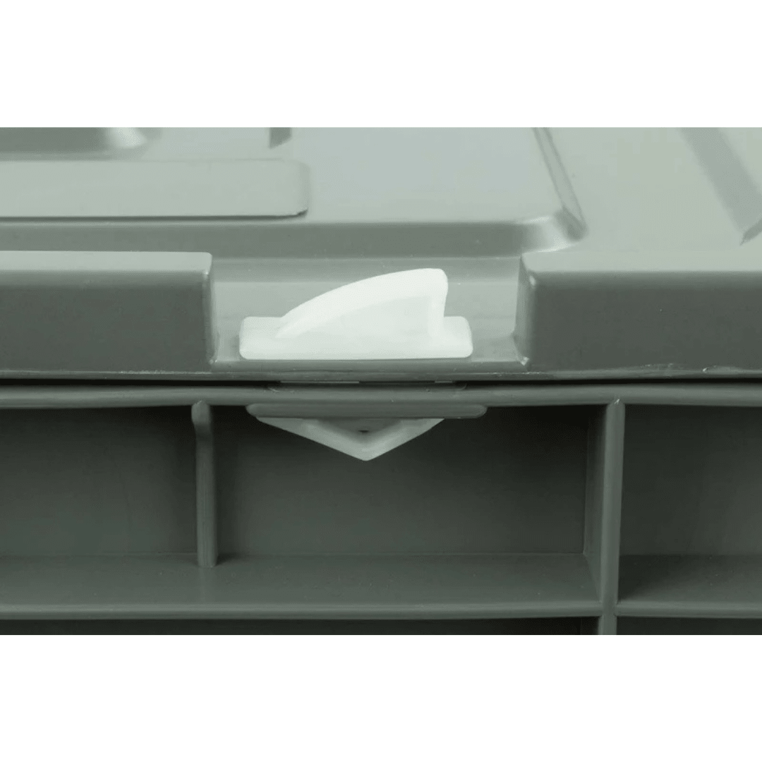 Close-up of RackZone Euro Container Locking Clips (Pack of 50) on a gray lid.