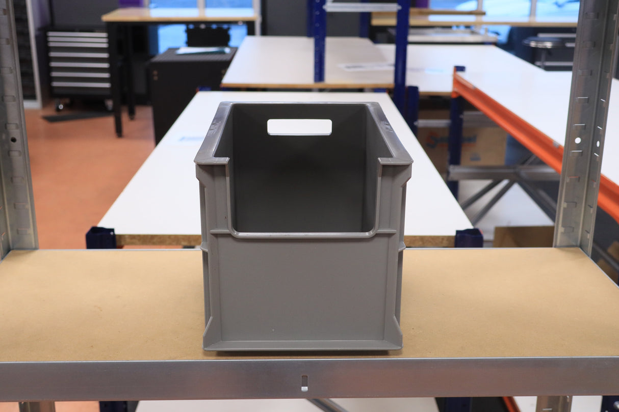 A RackZone Euro Picking Container (300x200x200, light grey) sits on a shelf.