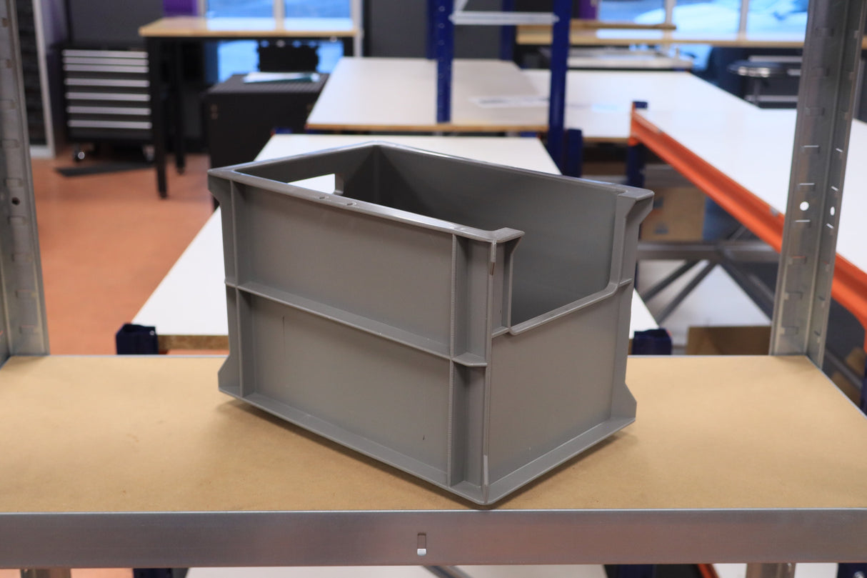 A RackZone Euro Picking Container 300x200x200 LIGHT GREY sits on a shelf.