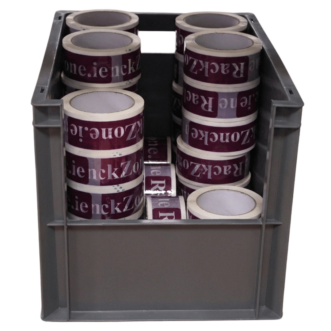RackZone Euro Picking Container filled with printed packing tape rolls.