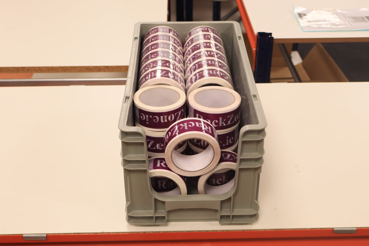 A RackZone Euro Picking Container holds rolls of purple and white packing tape.