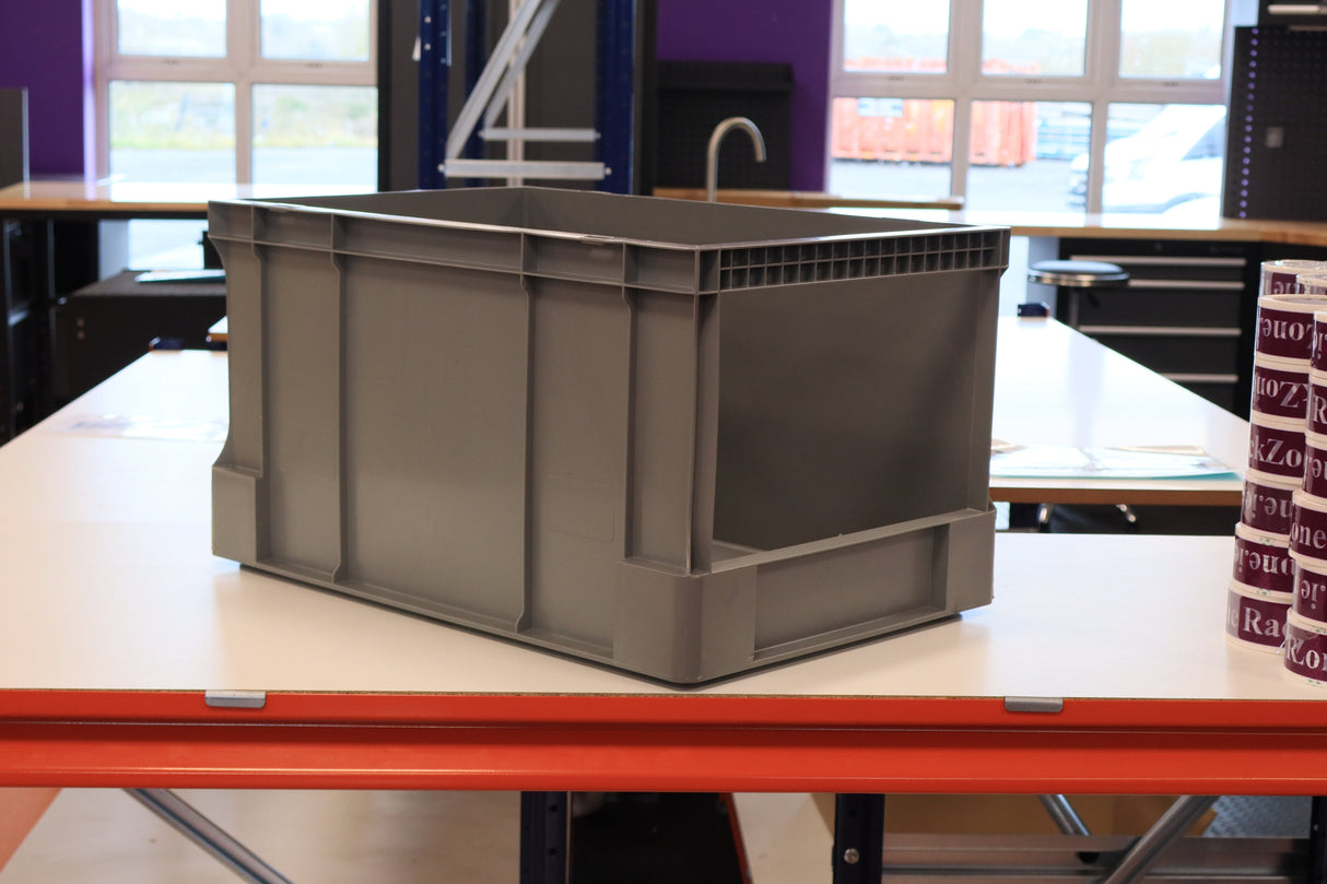 A RackZone Euro Picking Container 600x400x320mm Grey sits on a white table.