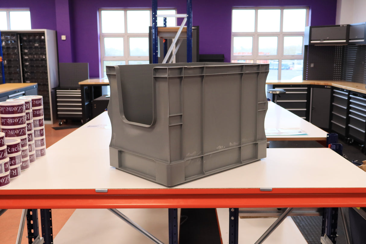 A RackZone Euro Picking Container (grey, 600x400x420mm) rests on a workbench.
