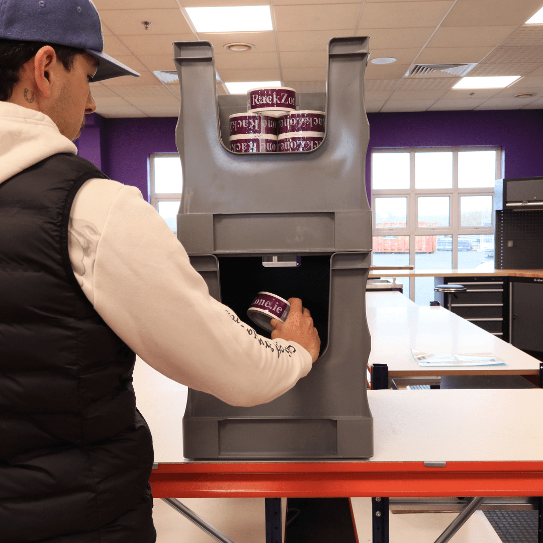 Person placing a can into a RackZone Euro Picking Container 600x400x420 Grey.