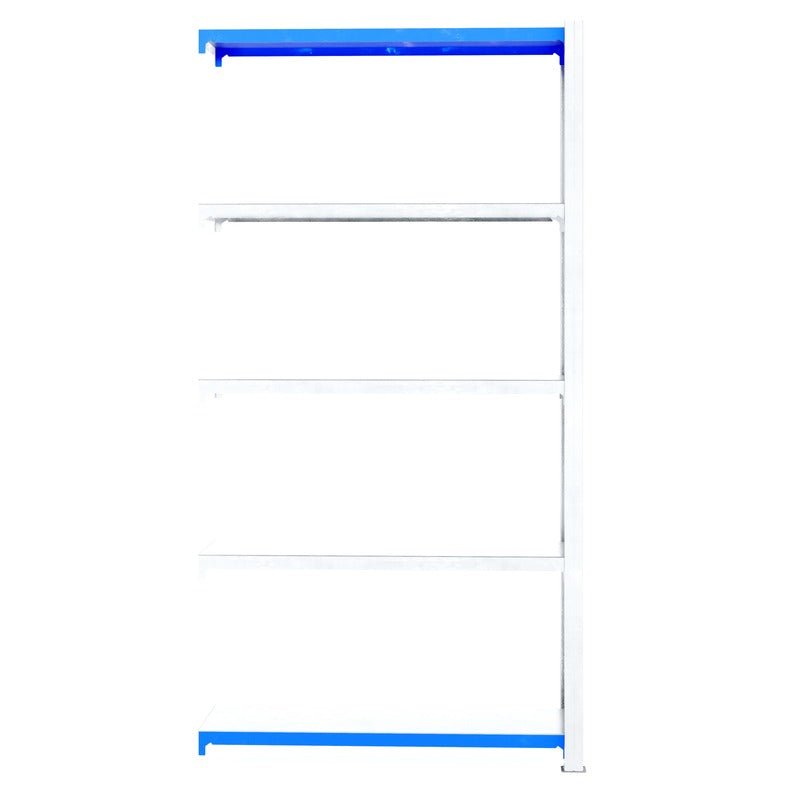 RackZone Easy Rack Galvanised Shelving Extender, 4 shelves, blue trim.