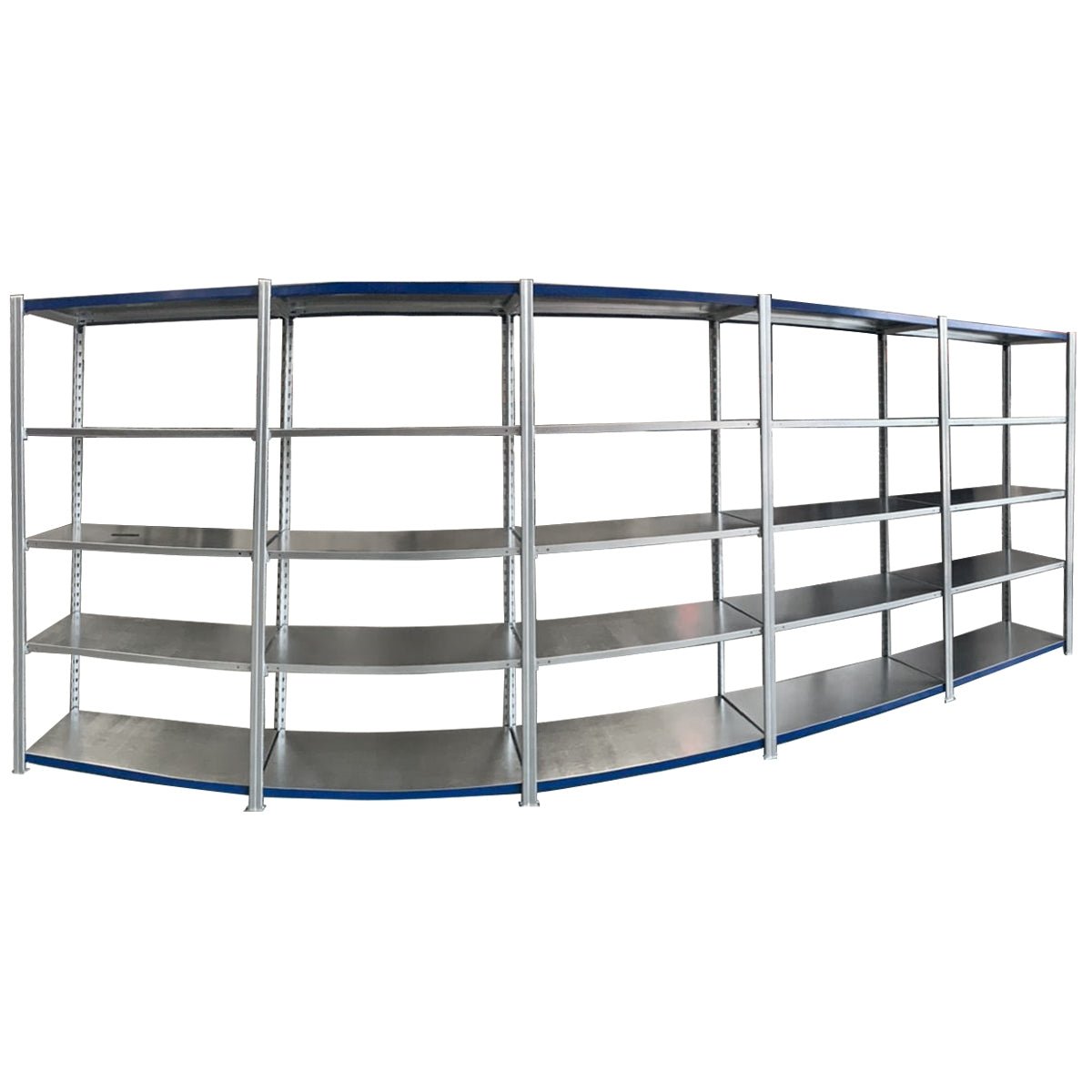 Six empty RackZone Easy Rack Galvanise 5 BAY shelves, organized and connected.