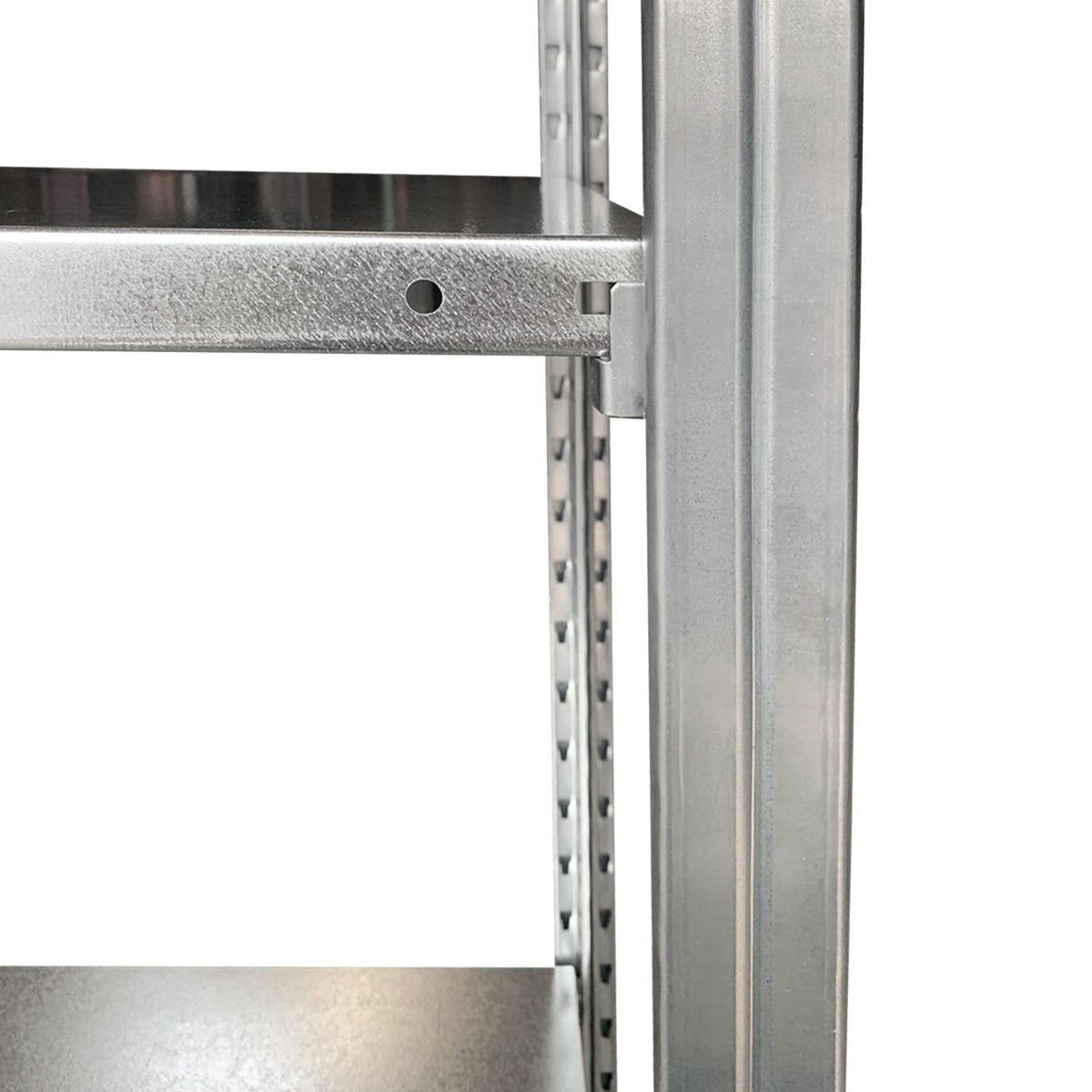 Close-up of RackZone Easy Rack Galvanise 5 Bay shelving with sturdy frame.