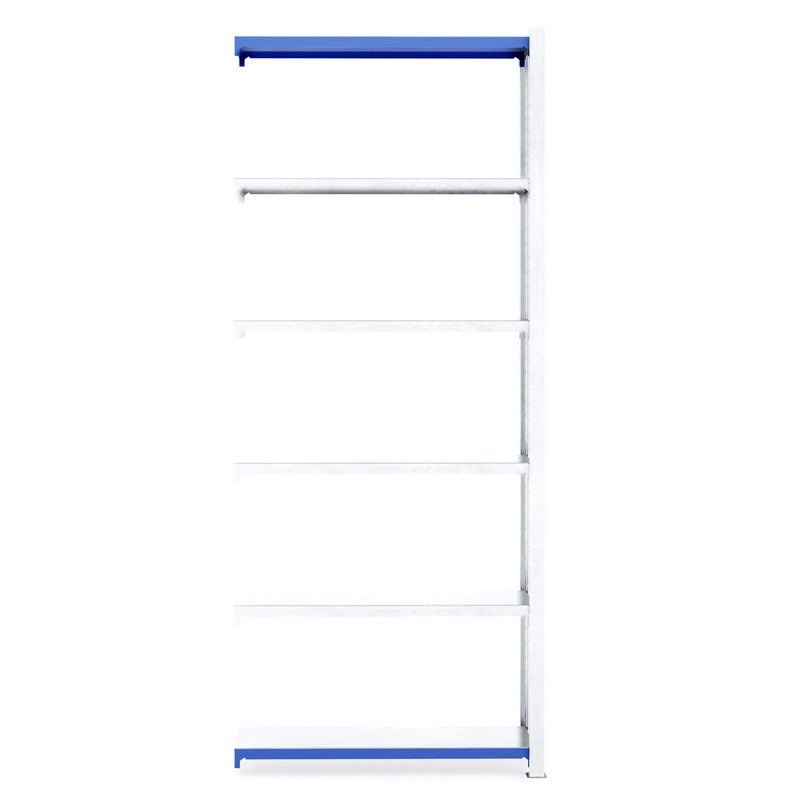 RackZone Easy Rack Galvanised Shelving Extender, 5 shelves, blue accents.