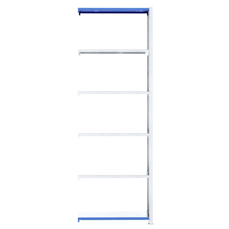 Empty Easy Rack Galvanised Extender, 5 shelves, white & blue, by RackZone.