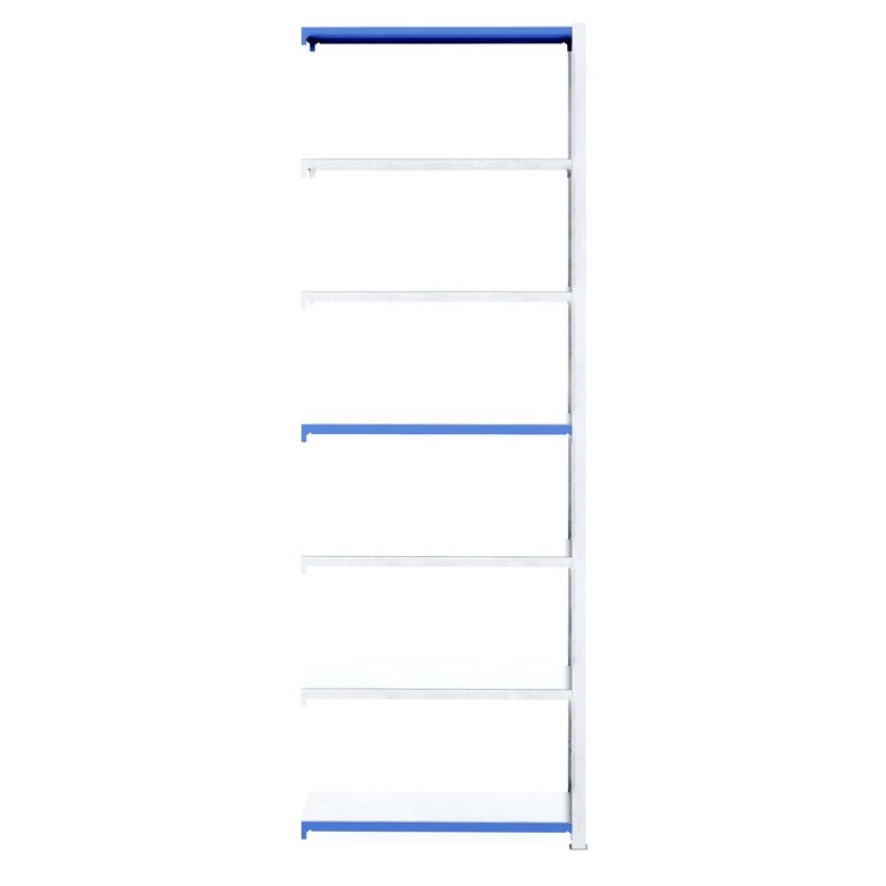 RackZone Easy Rack Extender, galvanised with 7 blue and white shelves, 500mm deep.