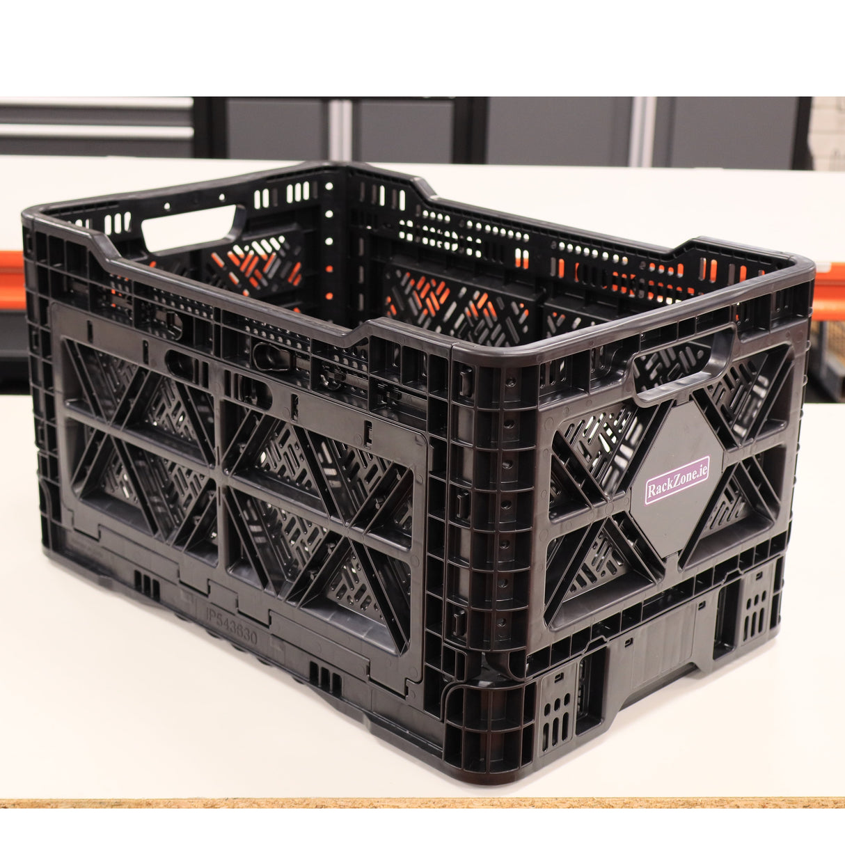 RackZone Foldable Picking Crate 48L Grey for heavy-duty storage on a table.