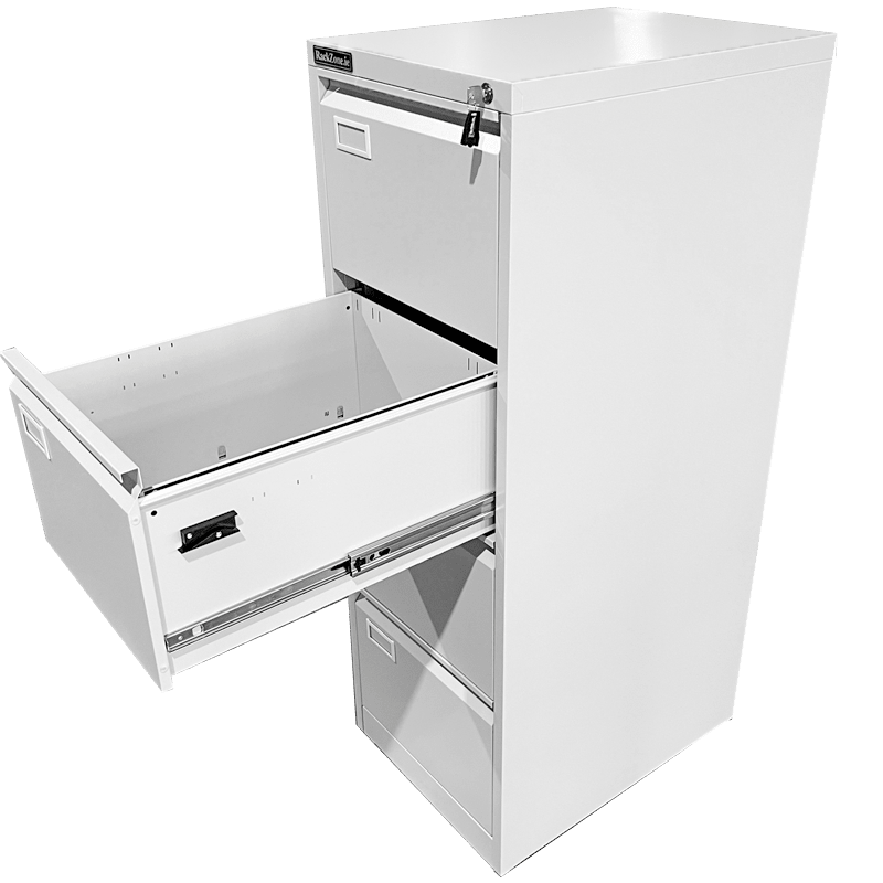 RackZone Four Door Filing Cabinet, white, second drawer open for office storage.