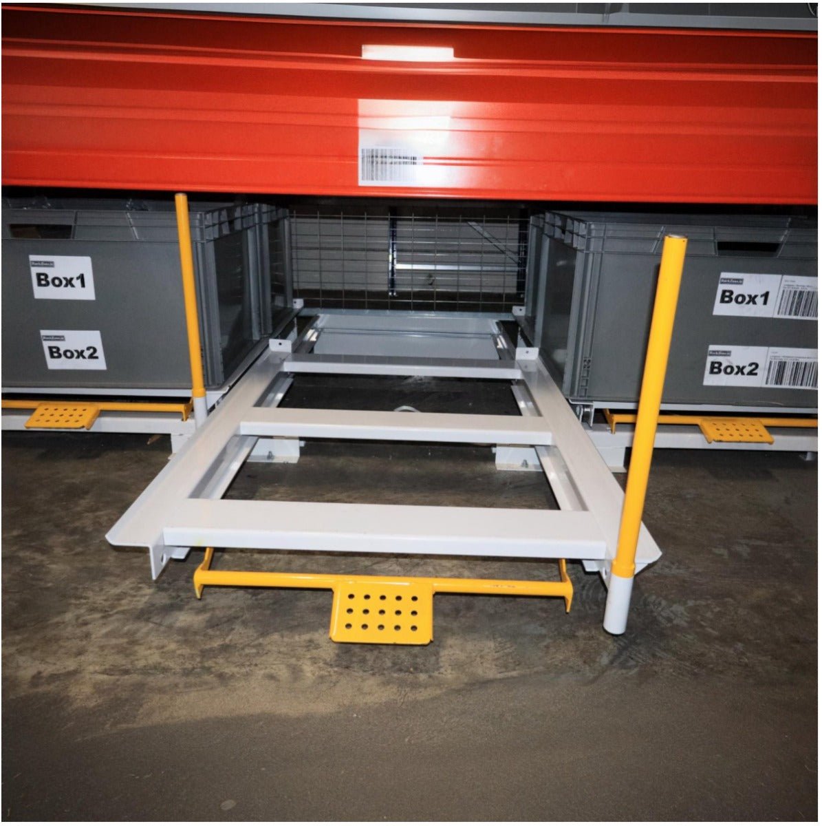 RackZone Floor Mounted Pull Out Drawer 1200 X 800 with yellow supports.