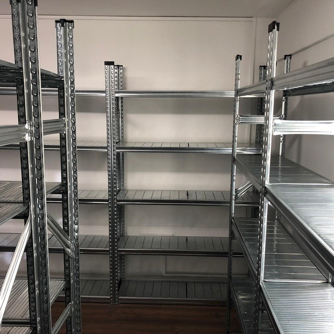 RackZone Galvanised Shelving 600mm Extender in a small, bright storeroom.