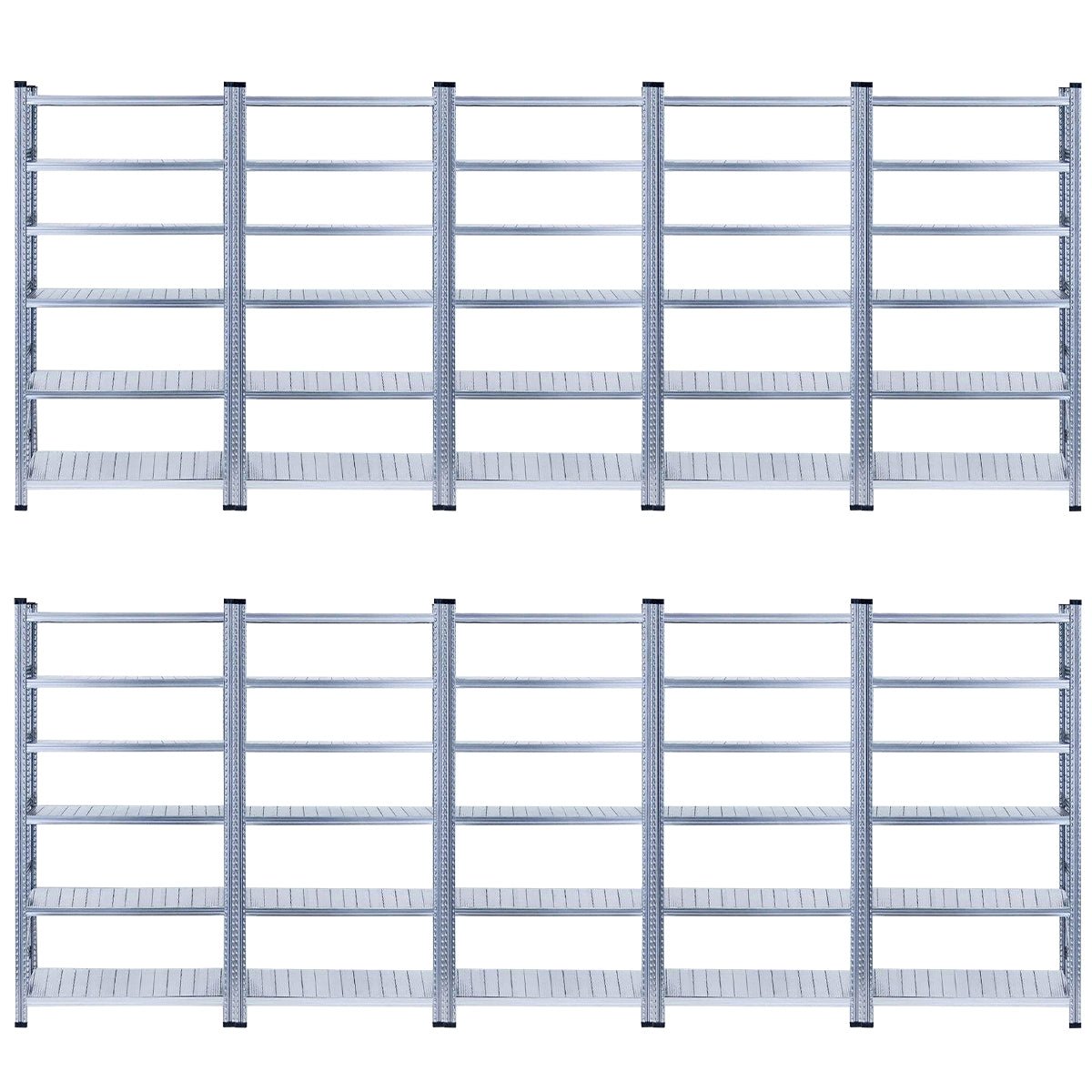 Two rows of RackZone Galvanised Shelving 1972h 5 Level 10 Bay units.