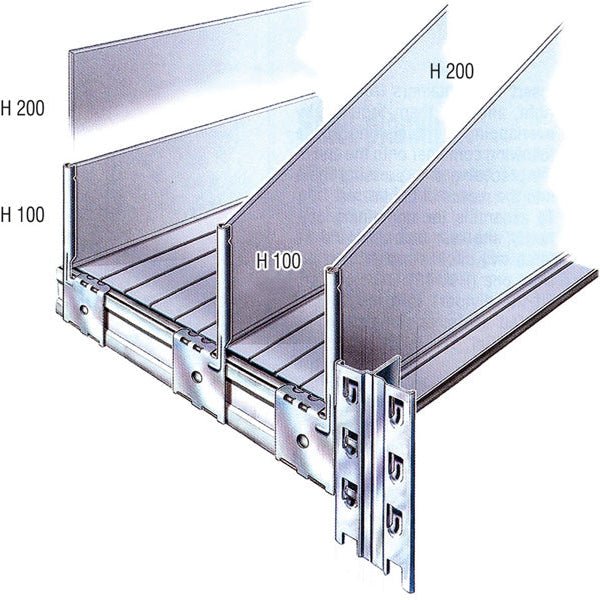 RackZone Galvanised Sliding Dividers 500x200 H fit metal shelving systems.
