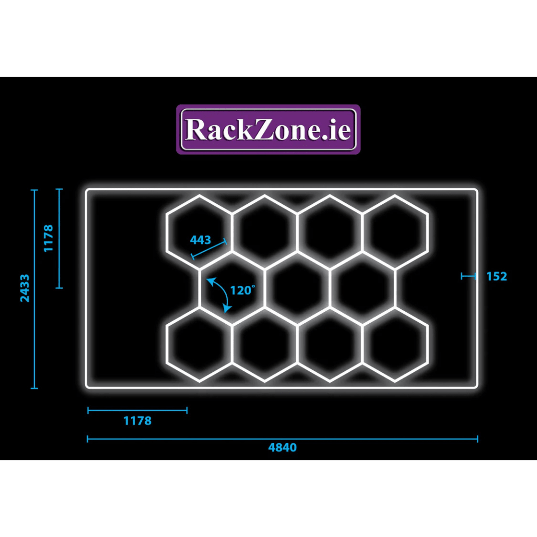 RackZone Hexagonal LED Set 6: Modular grid lighting for gaming rooms, 4835x2435mm.