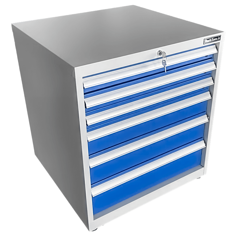 RackZone Industrial Six Drawer Cabinet with locking doors and blue drawers.