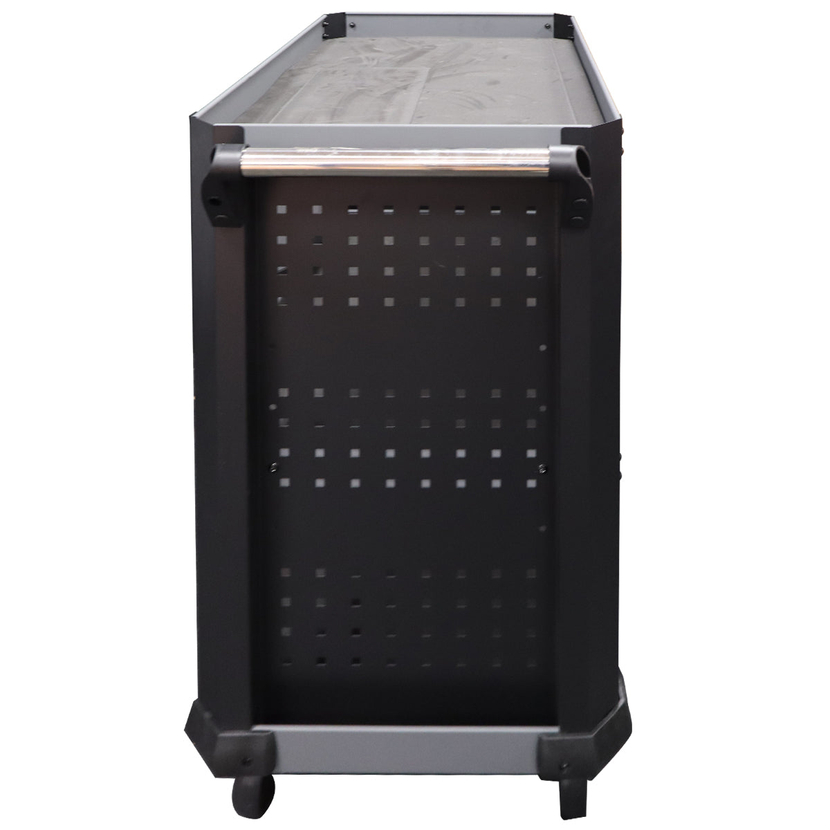RackZone 3 Tier Service Tool Cart in black/gray with perforated side and handle.