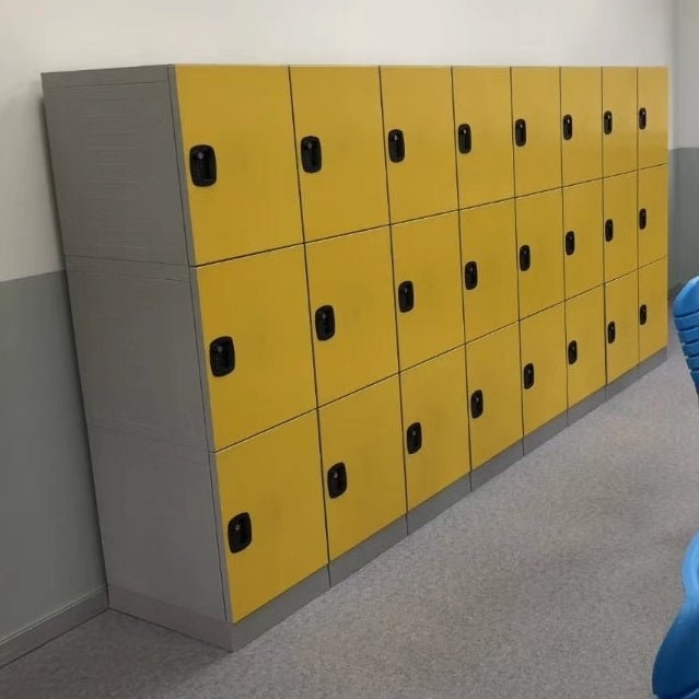 RackZone Plastic Locker 3 Door Red stands against a light-colored wall.