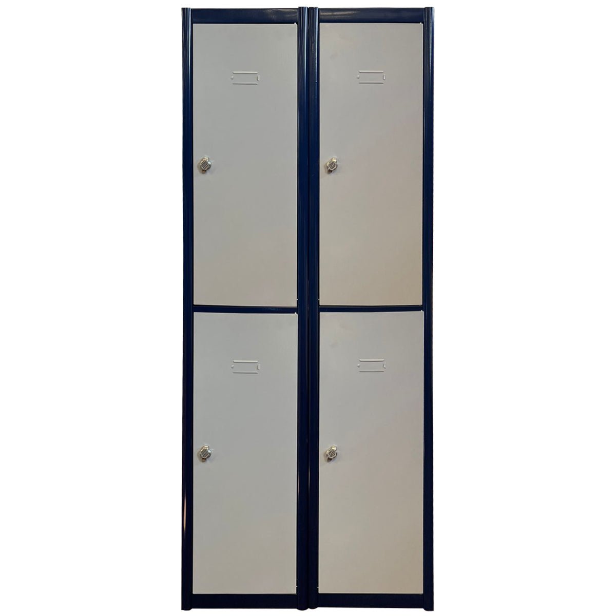 Four RackZone 2-door metal lockers, gray/blue, biosafe paint, padlock-ready.