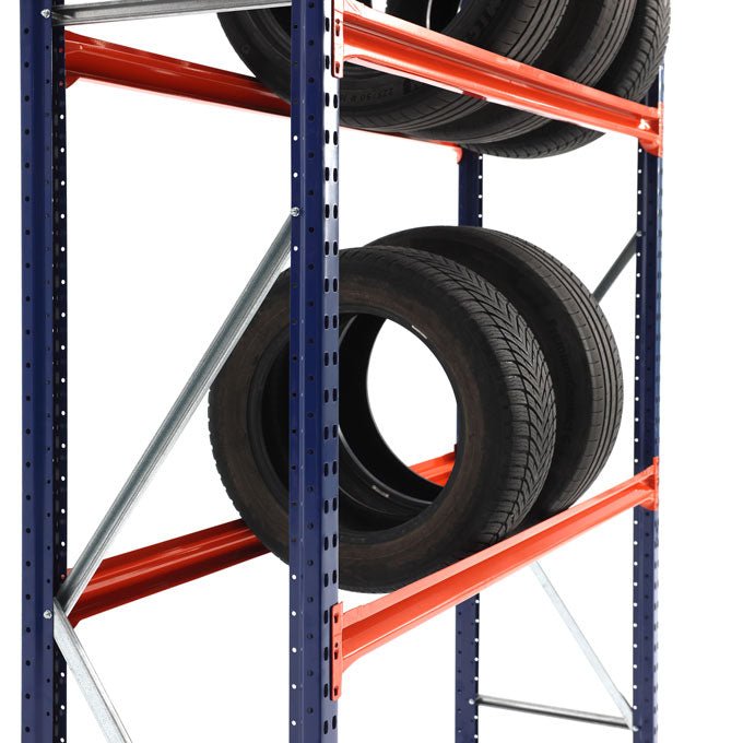 RackZone Tyre Racking 600mm holds car tyres on sturdy orange shelves.