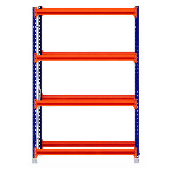 RackZone Tyre Racking Starter: 4 orange shelves, blue supports, 600mm deep.