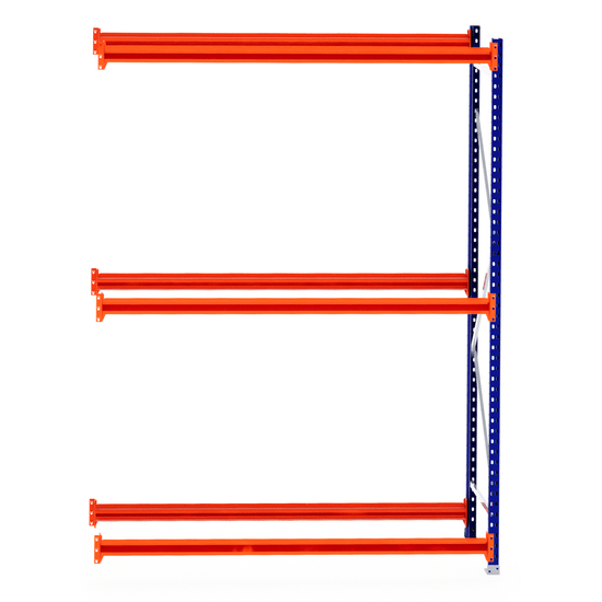 RackZone Tyre Racking Extender with 4 orange shelves and blue frame, 600mm deep.