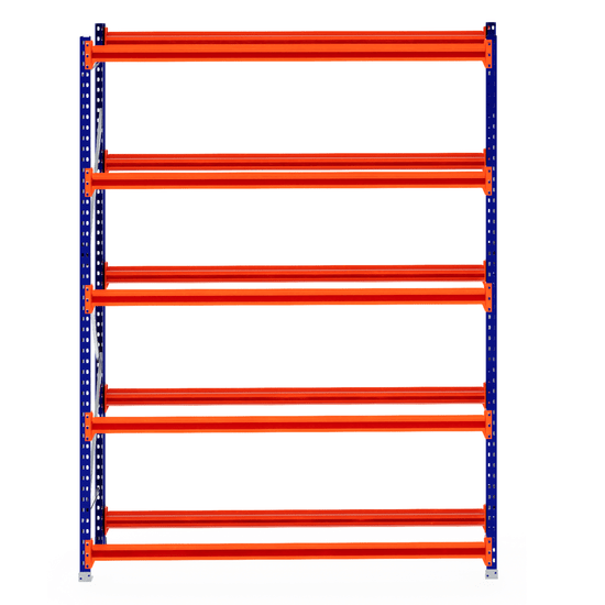 RackZone Tyre Racking 600mm Starter with five orange shelves, blue frame.