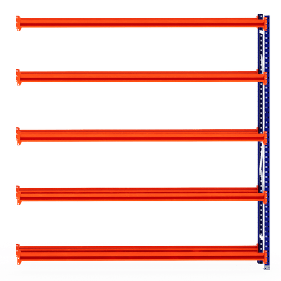 Five orange RackZone Tyre Racking beams with one vertical blue support post.