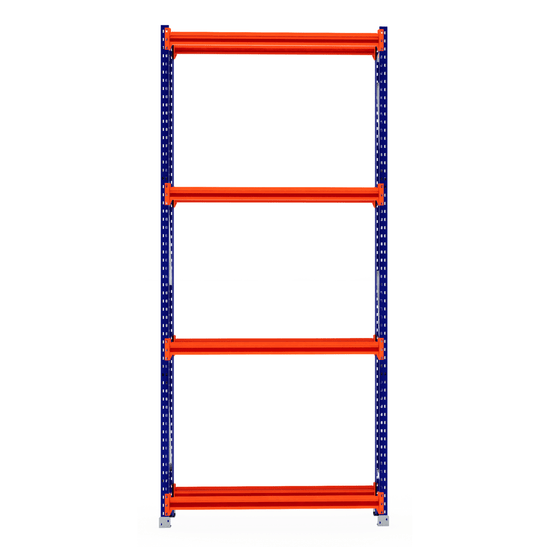 RackZone Tyre Racking 600mm Starter with 4 orange shelves, blue supports.