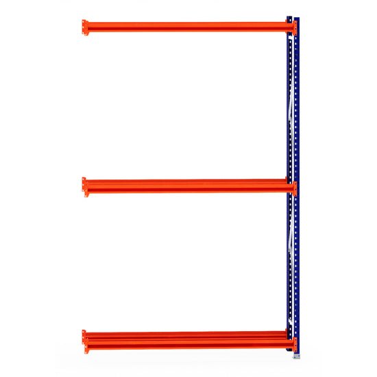 Three orange beams on a blue RackZone Tyre Racking 400mm Extender frame.