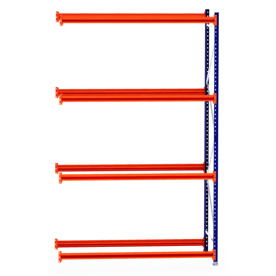 Four orange Tyre Racking beams attach to a blue RackZone metal frame.