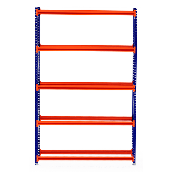 RackZone Tyre Racking Starter: 5 orange shelves, blue frame, front view.