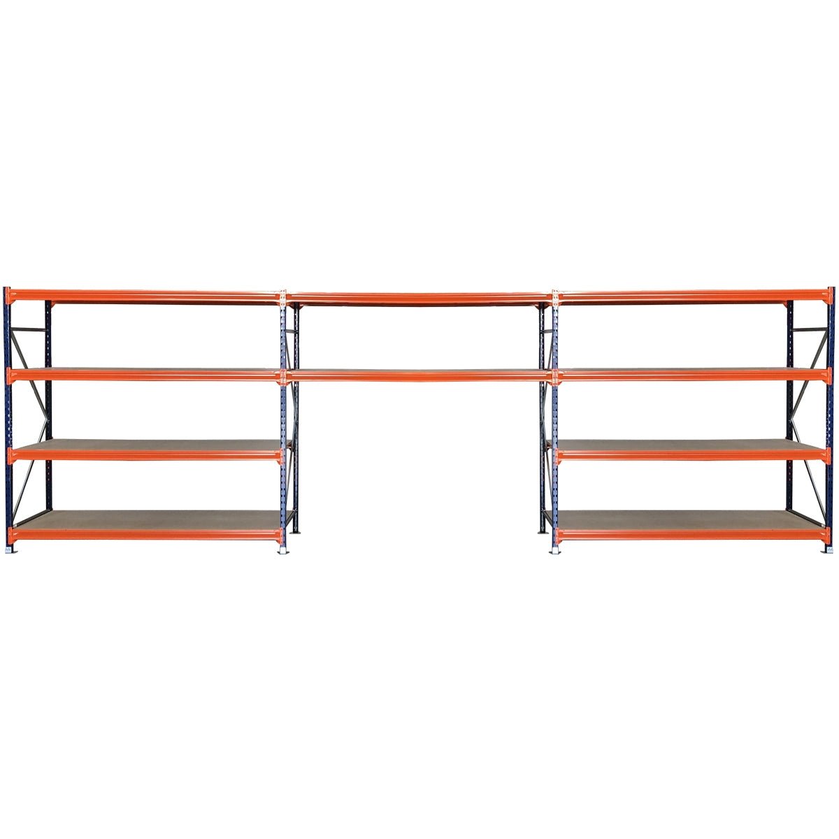 RackZone Longspan Shelving with mobile workbench and center gap.