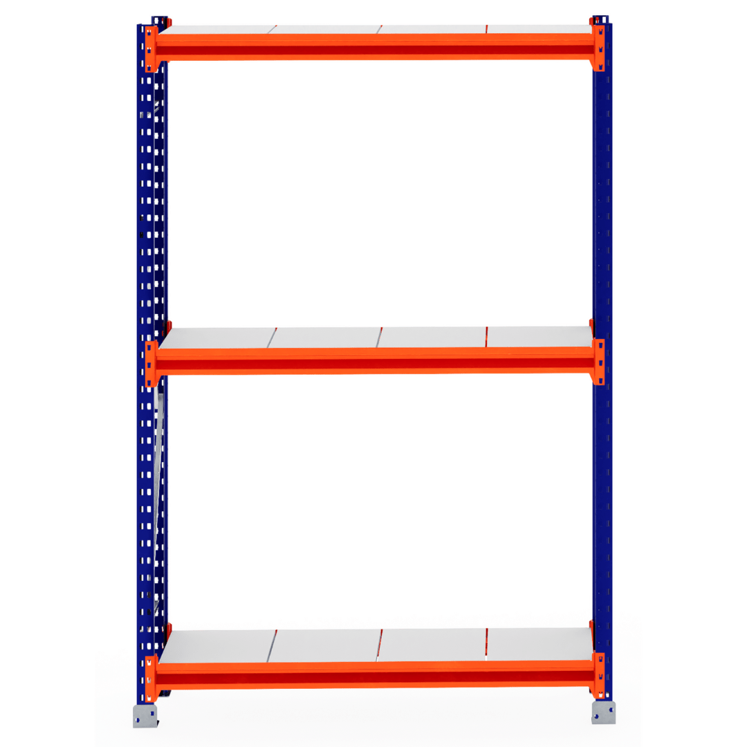 RackZone Longspan Shelving 400mm Starter with steel panels, blue & orange frame.