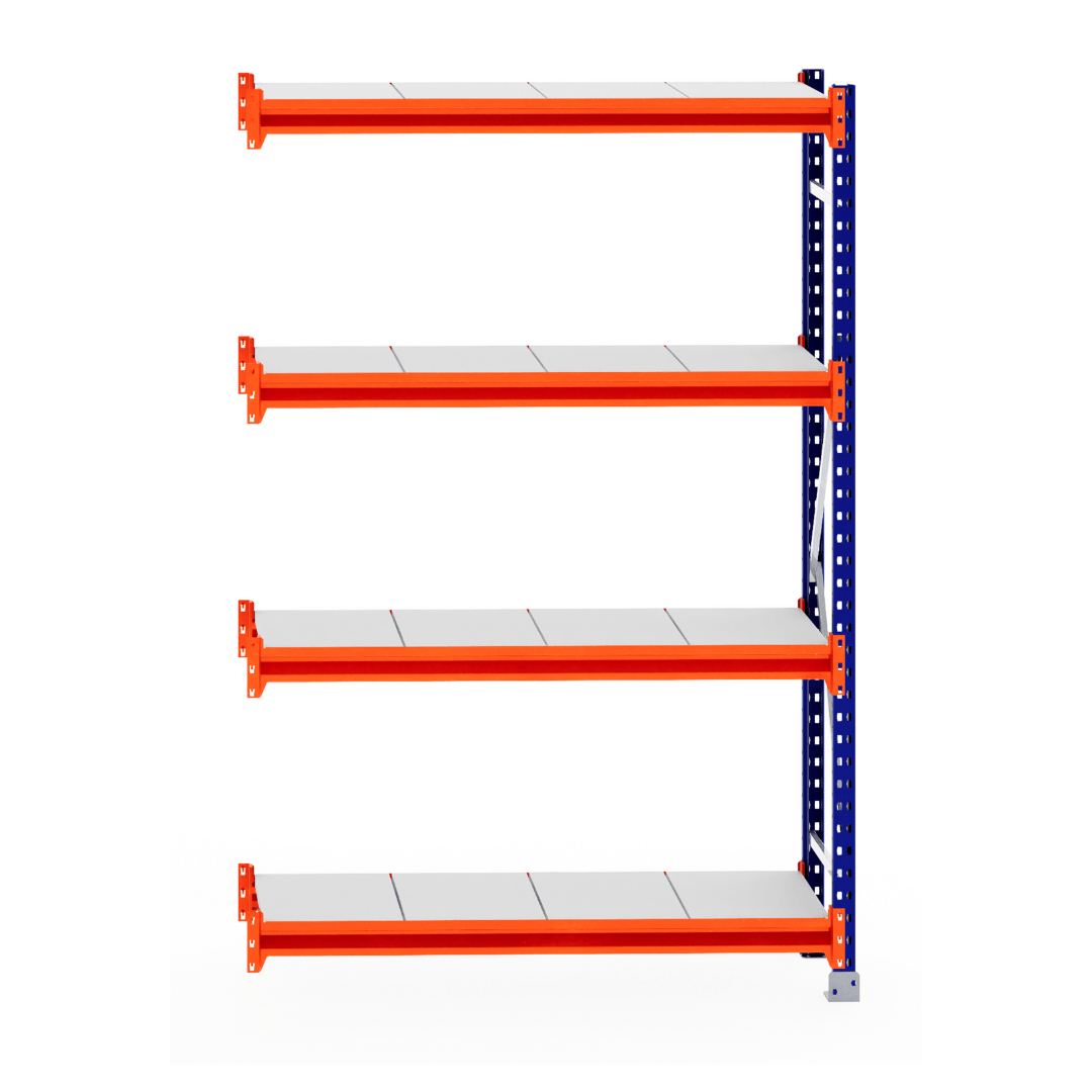 RackZone Longspan Shelving Extender, 400mm deep, steel panels, orange beams.