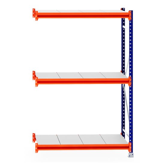 RackZone Longspan Shelving Extender, 600mm steel panels, orange/blue.