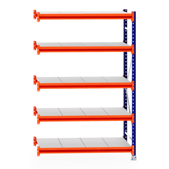 RackZone Longspan Shelving Extender, 600mm deep, steel panels, blue/orange frame.